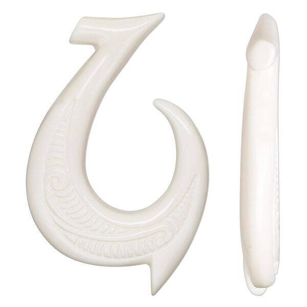 Focal, bone (bleached), white, 47x30mm hand-carved undrilled single-sided hook with fancy design, Mohs hardness 2-1/2. Sold individually. image number 0