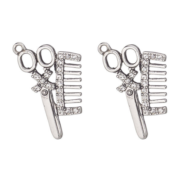Focal, antique silver-finished "pewter" (zinc alloy) and glass, clear, 31x20mm scissors and comb. Sold per pkg of 2. image number 0