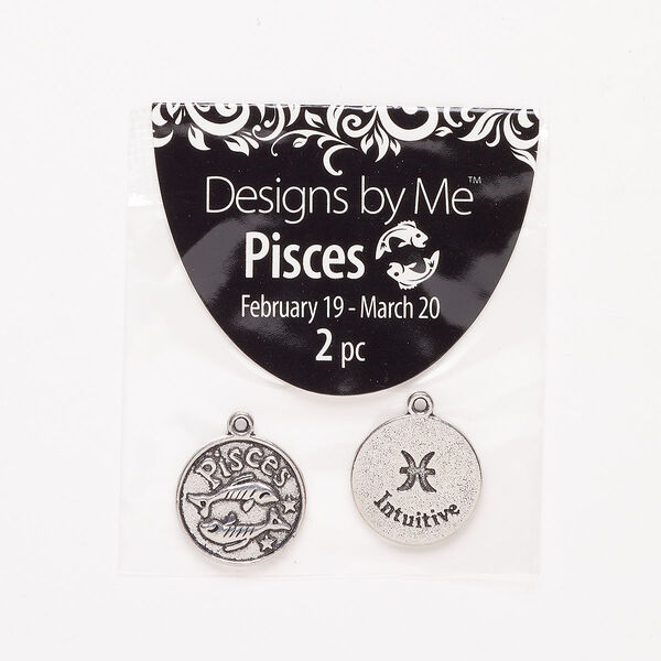 "Pewter" (zinc-based alloy) / enamel 1pkg2, 2-sided round charm / Pisces / "Intuitive" antique silver-finish / black 17mm image number 0