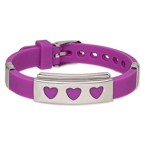 Bracelet, Softique™, silicone and stainless steel, fuchsia, 16mm wide with 39x16mm rectangle and cutout hearts, adjustable from 5-1/2 to 7-1/2 inches with buckle-style closure. Sold individually. image number 0