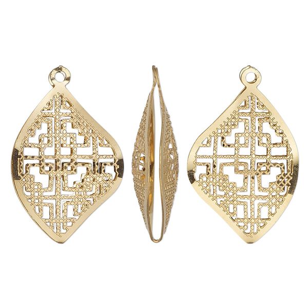 Drop, gold-finished stainless steel, 22x16mm double-sided domed freeform with textured cutout geometric design. Sold per pkg of 6. image number 0