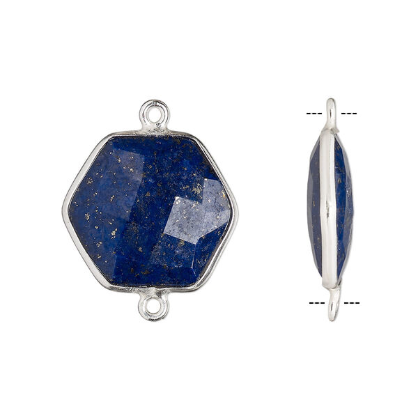 Link, lapis lazuli (natural) and sterling silver, 18x17mm-20x18mm hand-cut double-sided faceted hexagon. Sold individually. image number 0