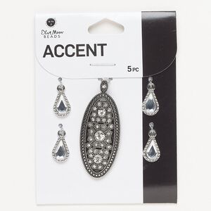Pendant and drop assortment, silver- and antique silver-finished "pewter" (zinc-based alloy) and acrylic, blue shade and clear, 49x20mm fancy oval and 16x9mm beaded teardrop. Sold per pkg of 5.