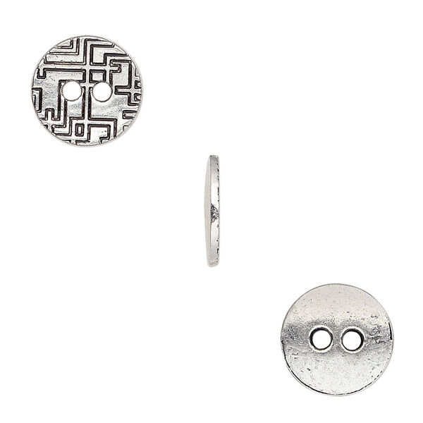Button, antiqued silver-finished "pewter" (zinc-based alloy), 12mm single-sided flat round with geometric design. Sold per pkg of 50. image number 0