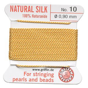 Thread, Griffin, silk, amber yellow, size #10. Sold per 2-meter card (approximately 78 inches).