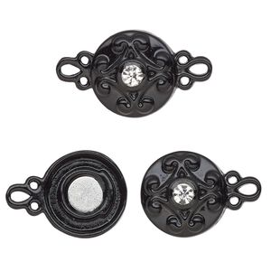 Clasp magnetic 1pkg2 "pewter" (zinc alloy), 12mm double-sided round, black-finished / clear rhinestone 1-strand