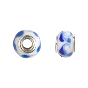 Bead, Dione®, lampworked glass with silver-plated steel grommets, white with blue swirls, 14x10mm rondelle with 4.5-5mm hole. Sold per pkg of 6.