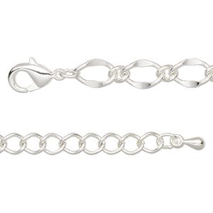 Chain 1pkg1 long & short, 6mm oval / lobster claw clasp, silver-finished brass / steel 18 inch