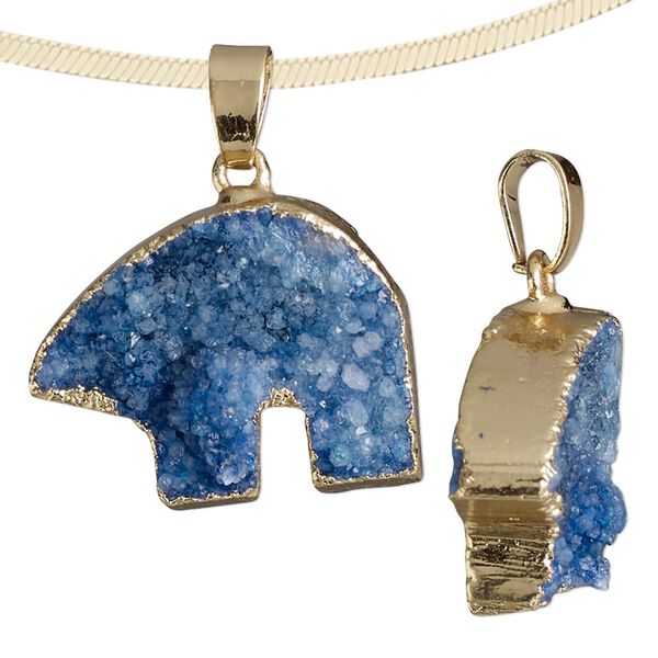 Pendant, druzy agate (dyed) / gold-finished brass / steel, denim blue, 24x18mm-27x25mm hand-cut single-sided zuni-style bear. Sold individually. image number 0