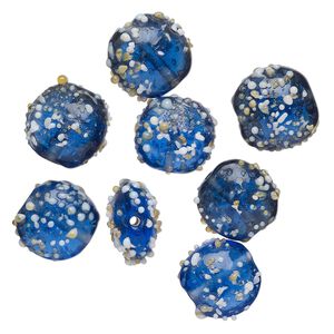 Bead, lampworked glass, translucent blue and white, 18x11mm bumpy flat round. Sold per pkg of 8.