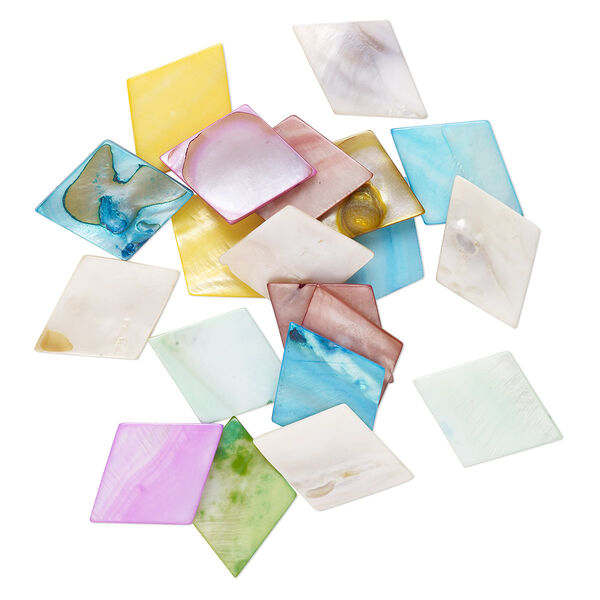 Focal mix, mother-of-pearl shell (bleached / dyed), multicolored, 35x25mm-36x27mm diamond, Mohs hardness 3-1/2. Sold per pkg of 20. image number 0
