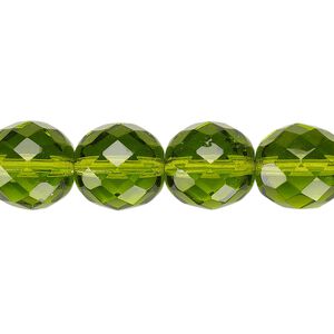 Bead, Czech fire-polished glass, pkg/15-1/2 to 16 inches, 12mm faceted round, transparent olivine, (50230).