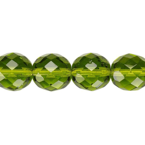Bead, Czech fire-polished glass, pkg/15-1/2 to 16 inches, 12mm faceted round, transparent olivine, (50230). image number 0