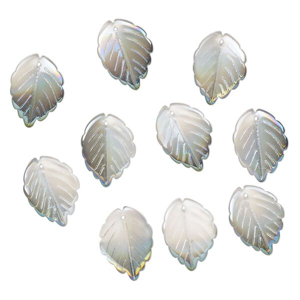 Drop, pressed glass, translucent metallic green rainbow, 24 x 17mm pressed leaf, top-drilled. top-drilled. Sold per pkg of 10. image number 0