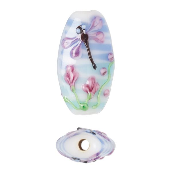 Bead, lampworked glass, opaque multicolored, 28x16mm puffed oval with dragonfly and flower design. Sold per pkg of 2. image number 0