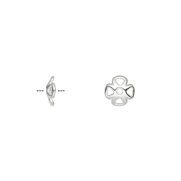 Bead cap, sterling silver, 7x2mm flower, fits 6-8mm bead. Sold per pkg of 6. image number 0