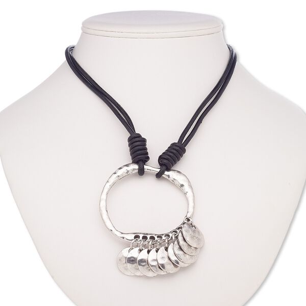 Necklace, 2-strand, leather (dyed) / antique silver-coated plastic / antique silver-plated brass / steel / "pewter" (zinc-based alloy), black, 2-3/4 inch hammered oval donut, 30 inches with 2-inch extender chain and lobster claw clasp. Sold individually. image number 0