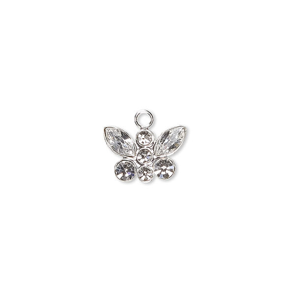 Charm, crystals and sterling silver, crystal clear, 12x8mm butterfly. Sold individually. image number 0