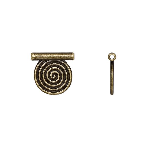 Pendant, slide, antique brass-finished "pewter" (zinc-based alloy), 13mm double-sided flat round with spiral design, 1mm inside diameter. Sold per pkg of 20. image number 0