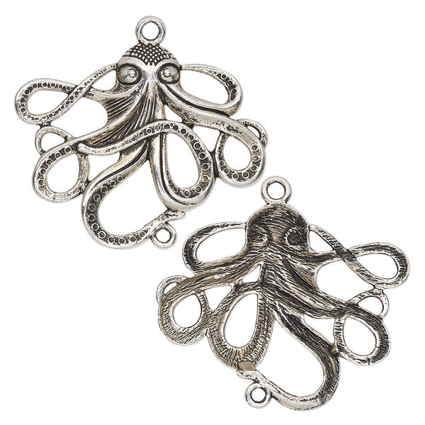 Focal, antique silver-finished "pewter"(zinc-based alloy), 50x41mm single-sided octopus with 2 loops. Sold per pkg of 2. image number 0