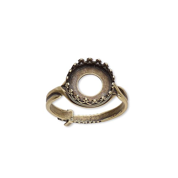 Ring, JBB Findings, antiqued brass, 12mm round with 10mm round bezel setting, adjustable from size 6-8. Sold individually. image number 0