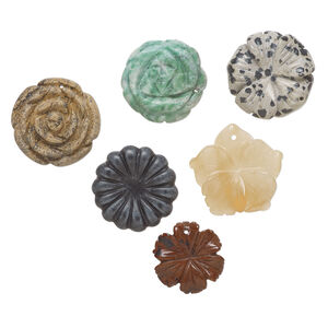 Multi-gemstone 1pkg6, top-drilled carved flower drop mix mixed colors 23x20mm-31x30mm