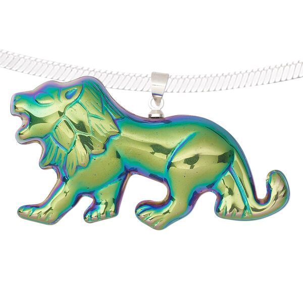 Pendant, electroplated Hemalyke™ (man-made) and silver-finished brass, rainbow, 49x28mm single-sided lion. Sold individually. image number 0