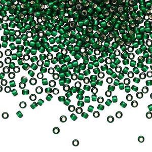 Seed bead, TOHO BEADS®, glass, pkg/7.5g, #11 round, translucent silver-lined frosted green emerald (TR-11-36F).