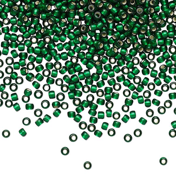 Seed bead, TOHO BEADS®, glass, pkg/7.5g, #11 round, translucent silver-lined frosted green emerald (TR-11-36F). image number 0