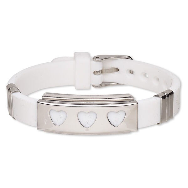 Bracelet, Softique™, silicone and stainless steel, white, 16mm wide with 39x16mm rectangle and cutout hearts, adjustable from 5-1/2 to 7-1/2 inches with buckle-style closure. Sold individually. image number 0