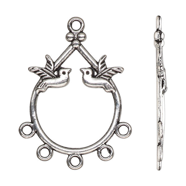 Drop, antique silver-finished "pewter" (zinc-based alloy), 29x23mm single-sided open teardrop with birds and 5 closed loops. Sold per pkg of 10. image number 0