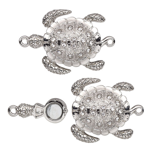 Clasp, magnetic, glass rhinestone and silver-plated "pewter" (zinc-based alloy), clear, 30x25.5mm 3D sea turtle. Sold individually. image number 0