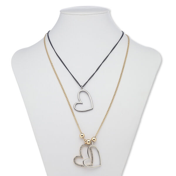 Necklace, 2-strand, glass rhinestone / black-plated / gold-finished steel / gunmetal- / silver-plated / gold-finished "pewter" (zinc-based alloy), clear, 30x28mm open heart, 24 inches with 2-inch extender chain and lobster claw clasp. Sold individually. image number 0