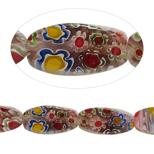 Bead, millefiori glass, translucent plum multicolored, 16x8mm 4-sided twisted oval. Sold per 15-inch strand, approximately 20 beads. image number 0