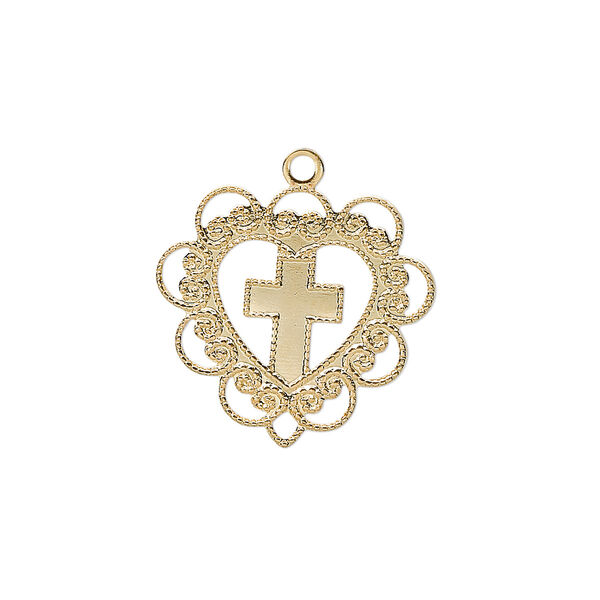 Drop, gold-plated brass, 20x19mm heart with cross. Sold per pkg of 4. image number 0