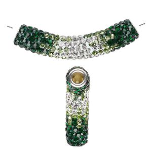 Bead, Dione®, resin / glass rhinestone / silver-plated brass, greens / white / clear, 47x9mm curved tube, 4mm hole. Sold individually.