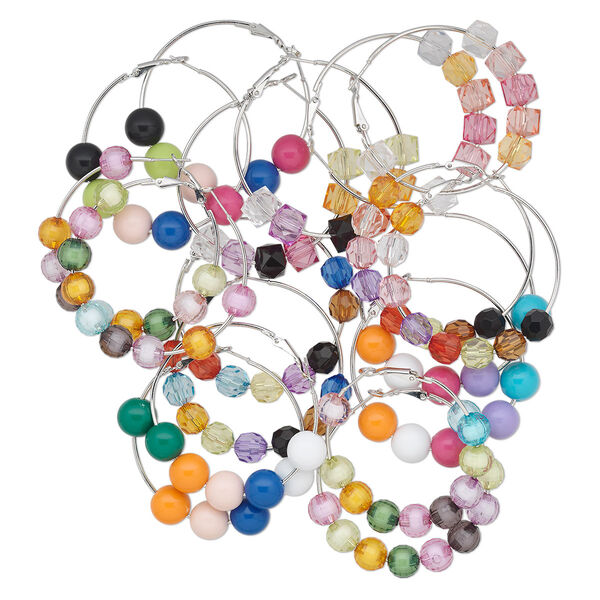 Earring mix, acrylic and imitation rhodium-finished steel, multicolored, 50mm round hoop with hinged closure. Sold per pkg of 12 pairs. image number 0