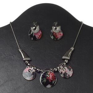 Necklace and earring set, resin with gunmetal-finished "pewter" (zinc-based alloy) and steel, multicolored, round with rose design, 16 inches with 3-inch extender chain and lobster claw clasp, 1-1/2 inch earrings with leverback ear wire. Sold per set.