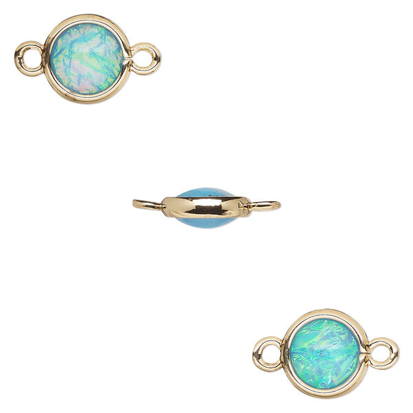 Link, Opalized Ice™, "opal" (resin) and gold-finished brass, light blue, 9.5mm double-sided round. Sold per pkg of 6. image number 0