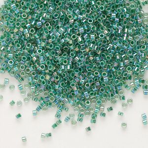 Seed bead, Delica®, glass, pkg/7.5g, #11 round, translucent lime-lined rainbow crystal clear (DB-0060).