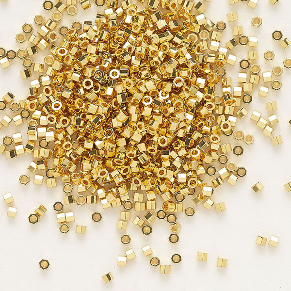 Seed bead, Delica®, glass, pkg/50g, #11 cut, opaque 24Kt gold-plated (DBC-0031). image number 0