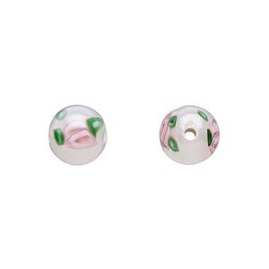 Bead, Czech lampworked glass, opaque white / pink / green, 8-9mm round with flower design. Sold per pkg of 6.
