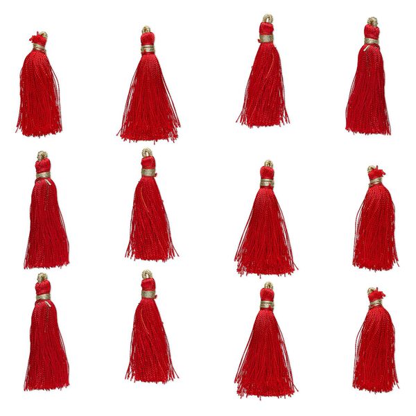 Tassel, silk (imitation) and gold-finished copper, red, 1-3/4 to 2 inches. Sold per pkg of 12. image number 0