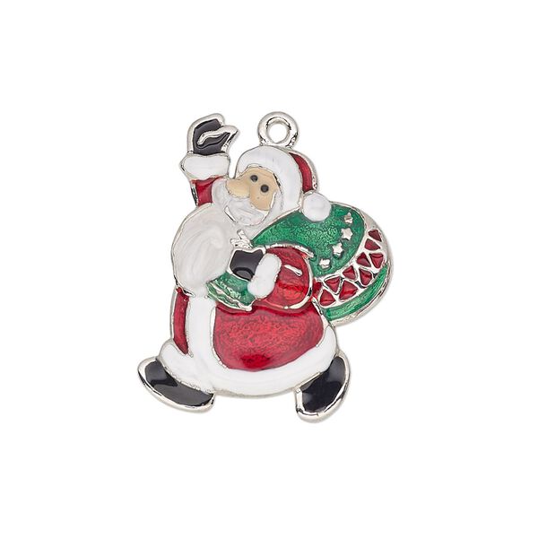 Charm, enamel and imitation rhodium-plated "pewter" (zinc-based alloy), multicolored, 24x19mm single-sided Santa Claus with bag. Sold individually. image number 0