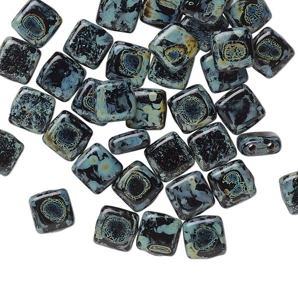 Bead, Preciosa, Czech pressed glass, opaque black tortoise, 6x6mm flat square with (2) 0.7mm holes. Sold per pkg of 40. image number 0