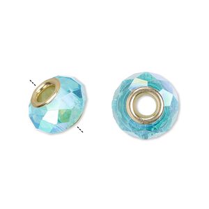 Bead 10pk 32 facets turquoise blue AB gold finish, Celestial Crystal® Dione® 14x9mm rondelle