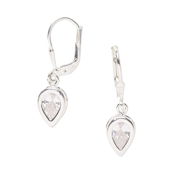 Earring, Everday Jewelry, cubic zirconia and sterling silver, clear, 26mm with 8x6mm faceted pear and leverback ear wire. Sold per pair. image number 0