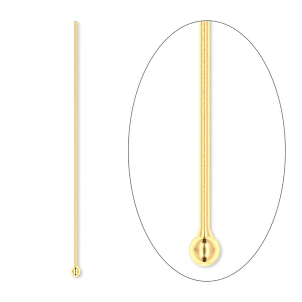 Head pin, gold-plated brass, 1-1/2 inches with 1.5mm ball, 24 gauge. Sold per pkg of 100. image number 0