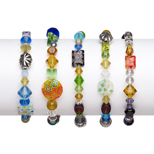 Bracelet mix, stretch, glass / millefiori glass / silver-coated plastic, multicolored, 4mm-18mm mixed shape, 6 inches. Sold per pkg of 5. image number 0