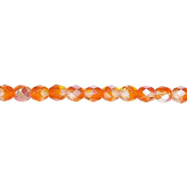 Bead, Czech fire-polished glass, two-tone, crystal/orange AB, 4mm faceted round. Sold per 15-1/2" to 16" strand. image number 0